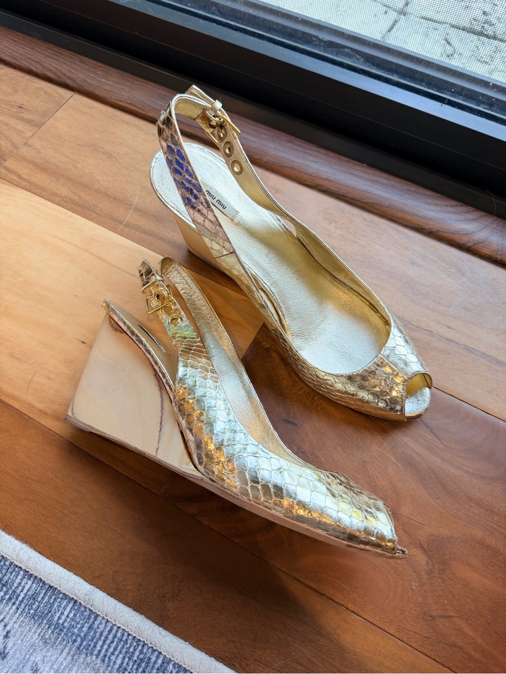 Miu Miu Metallic Gold Peep Toe Snakeskin and Wood Wedges